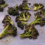 oven roasted broccoli close up on a sheet tray