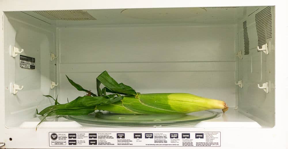 A piece of corn on the cob in the microwave.