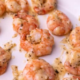 Close up of garlic parm shrimp on a white plate