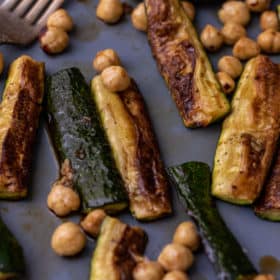 Close up of roasted zucchini and hazelnuts