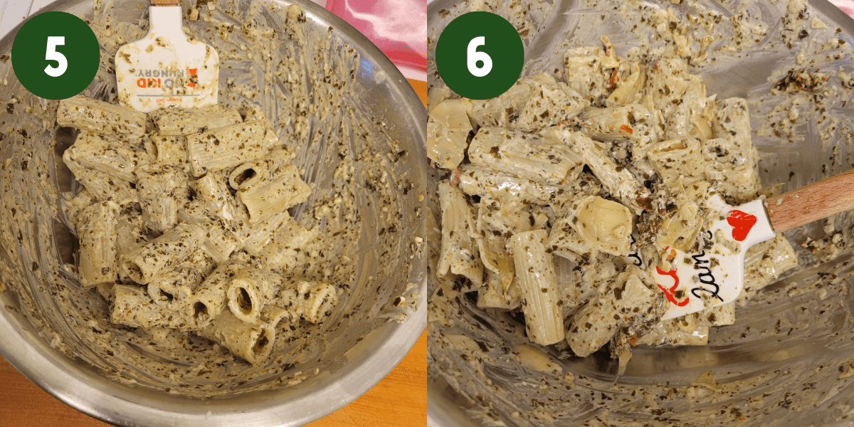 1 by 2 photo collage showing the cooking process: Photo 5) Pasta mixed into pesto and goat cheese in a large metal mixing bowl. Photo 6) All ingredients mixed together into a large mixing bowl with a spatula. 