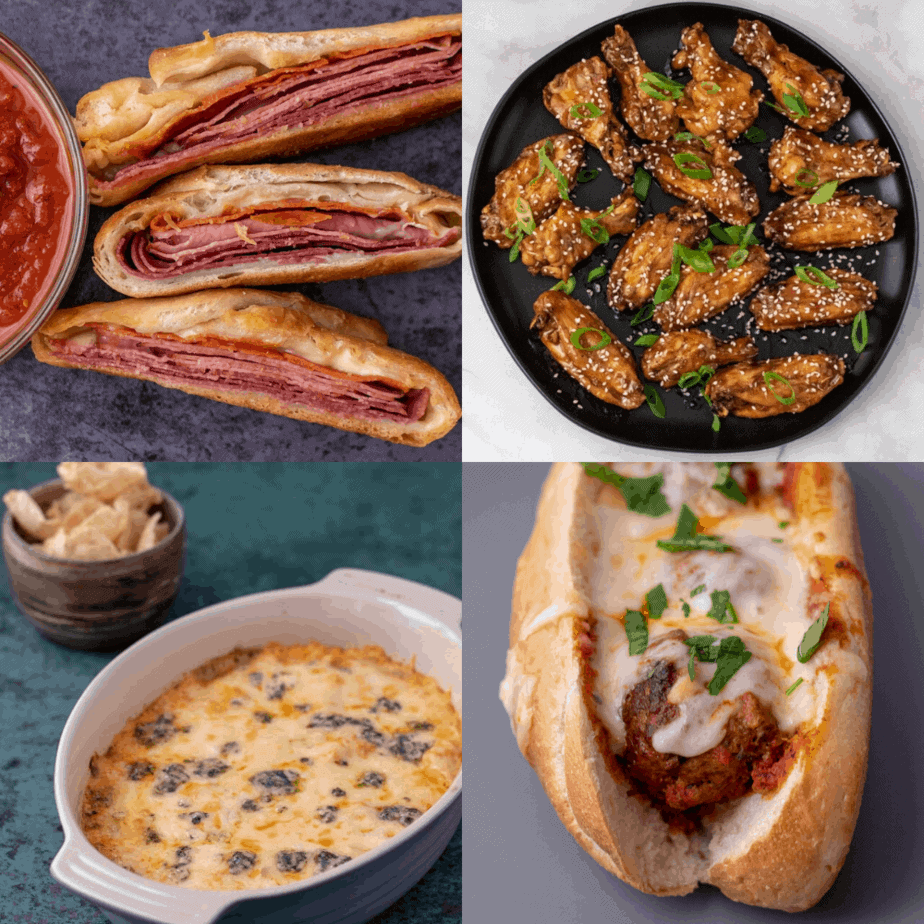 A grid of 4 photos, stromboli, teriyaki chicken wings, three cheese buffalo chicken dip and meatball subs. 