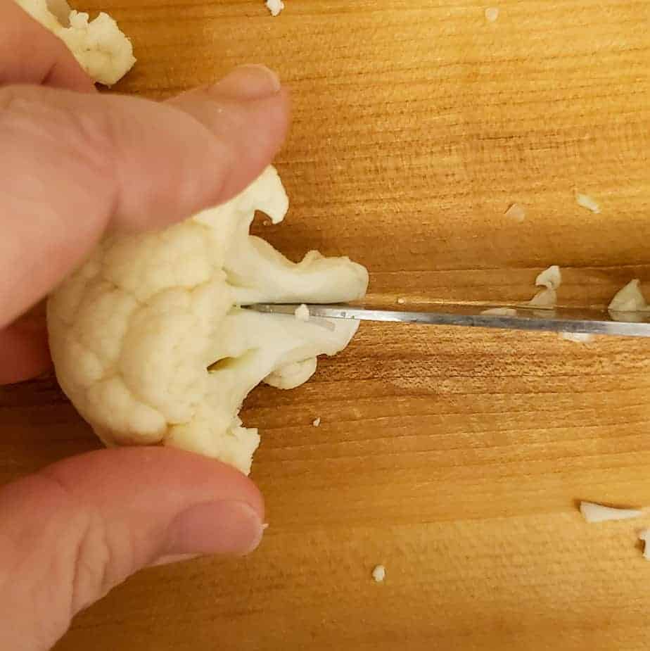 Close up of how to cut cauliflower floret