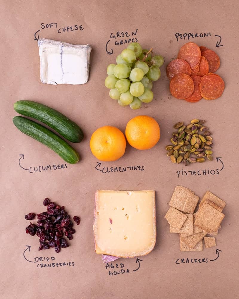 Cheese plate ingredients laid out on a brown parchment paper, labeled in sharpie. Soft cheese, green grapes, pepperoni, cucumbers, clementines, pistachios, dried cranberries, aged gouda and crackers