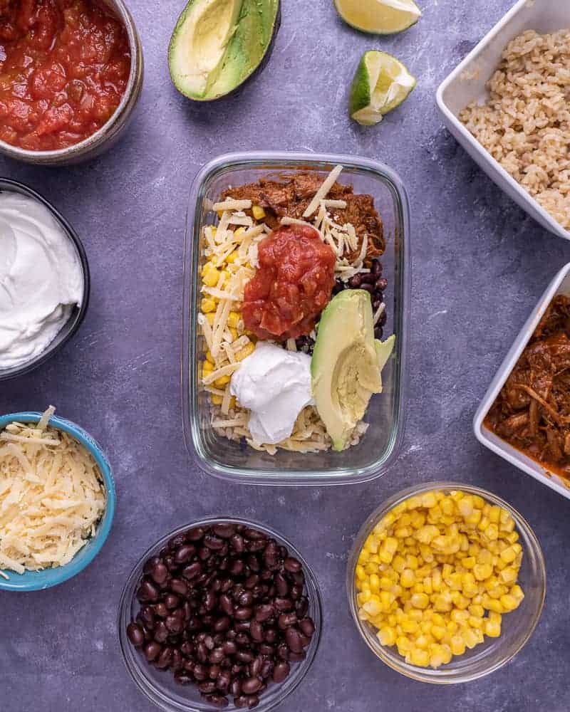 Final build of pulled pork burrito bowl