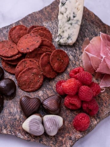 Finished close up of the Valentine's Day Cheese Plate.