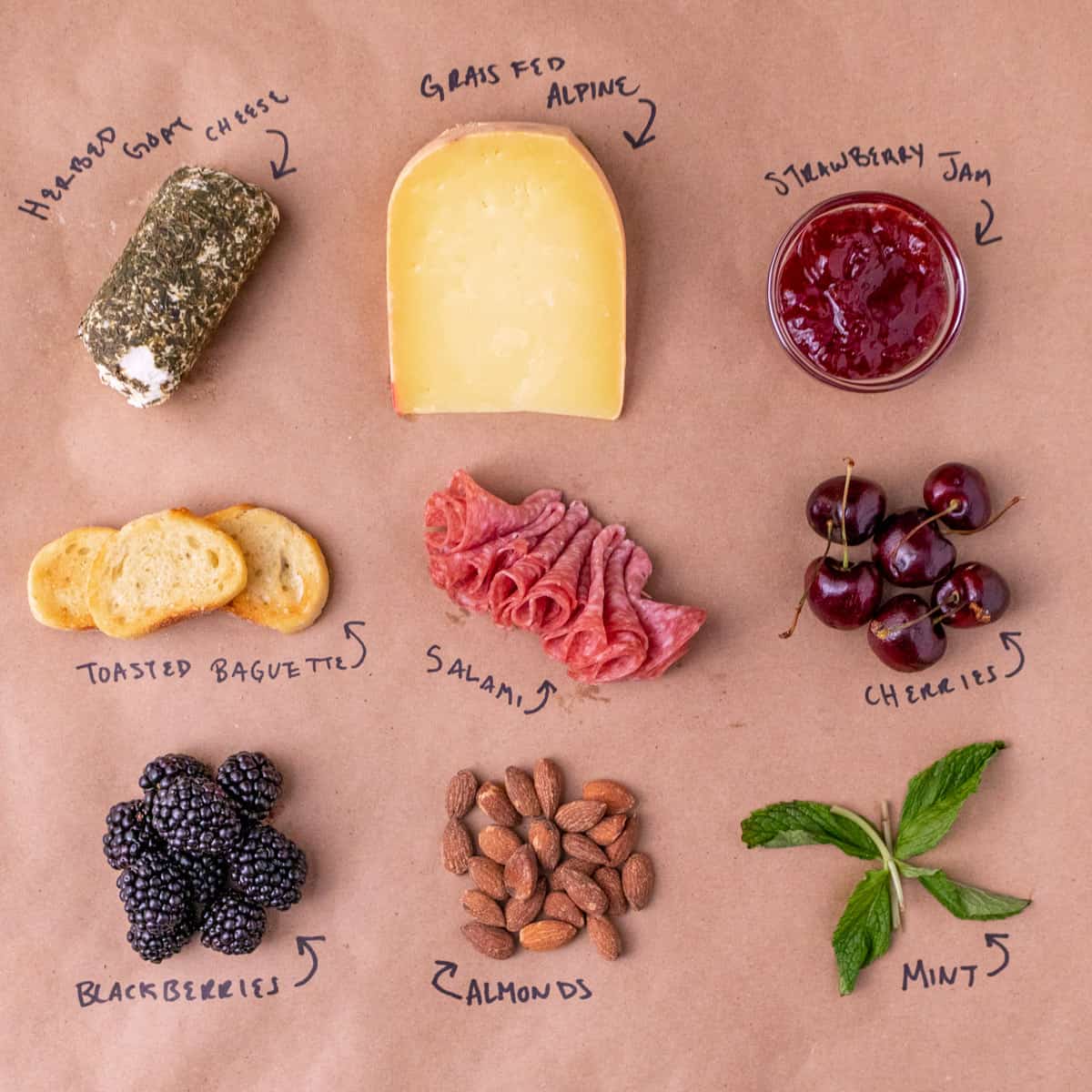 Ingredients laid out and labeled on a brown background. Herbed goat cheese, grass fed alpine, strawberry jam, toasted baguette, salami, cherries, blackberries, almonds and mint