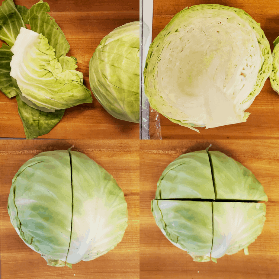 Process photograph on how to cut and prep the cabbage.