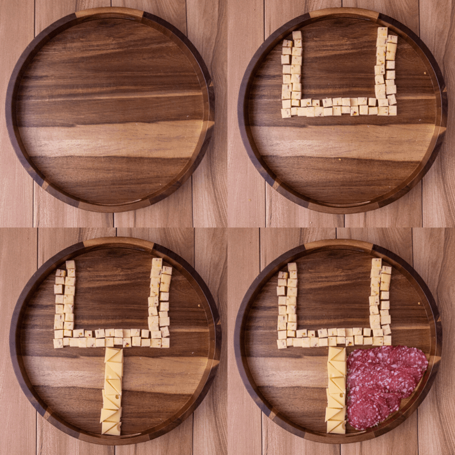 Process photos for how to build a game day football cheese plate step by step. 