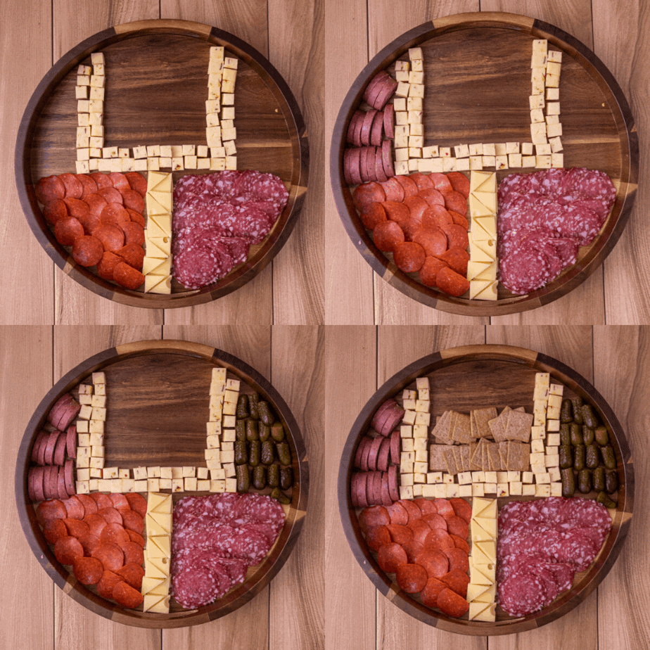 Process photos for how to build a game day football cheese plate step by step. 