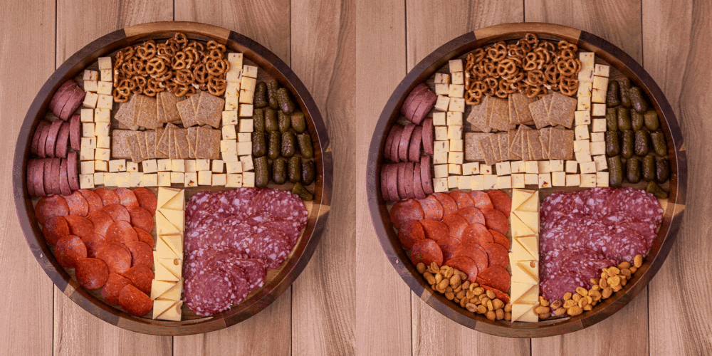 Process photos for how to build a game day football cheese plate step by step. 