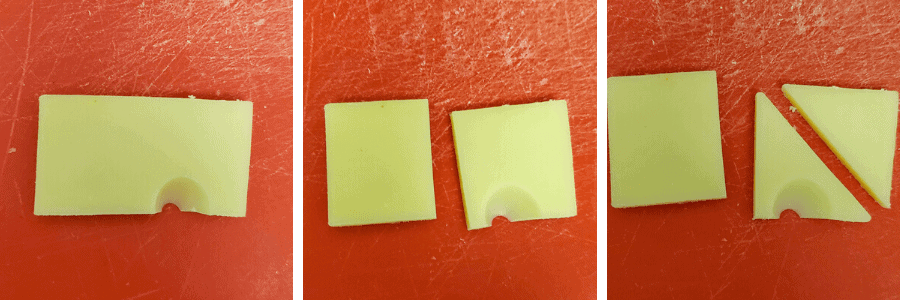 3 process photos that shows how to cut swiss cheese into small triangles.