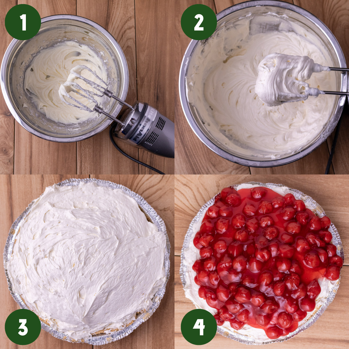2 by 2 photo collage on how to make cherry pie. Photo 1) Cream cheese and sugar whipped together in a metal mixing bowl next to a hand mixer. Photo 2) The filling is all whipped together in a metal mixing bow. Photo 3) The cream mixture is spread into the pie crust. Photo 4) Cherry pie filling to spread over the cream in the pie crust.