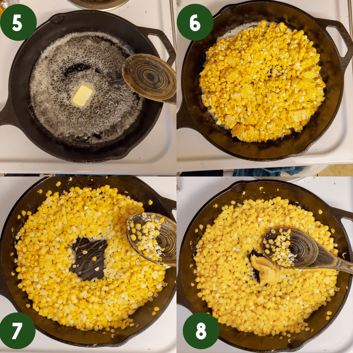 2 by 2 photo collage showing steps 5-8 in cooking; Step 5) Melted butter in a cast iron skillet, Step 6) Fresh corn kernels in cast iron pan, Step 7) Cooked corn kernels in a cast iron skillet Step 8) Miso paste placed in center of cast iron skillet with corn.