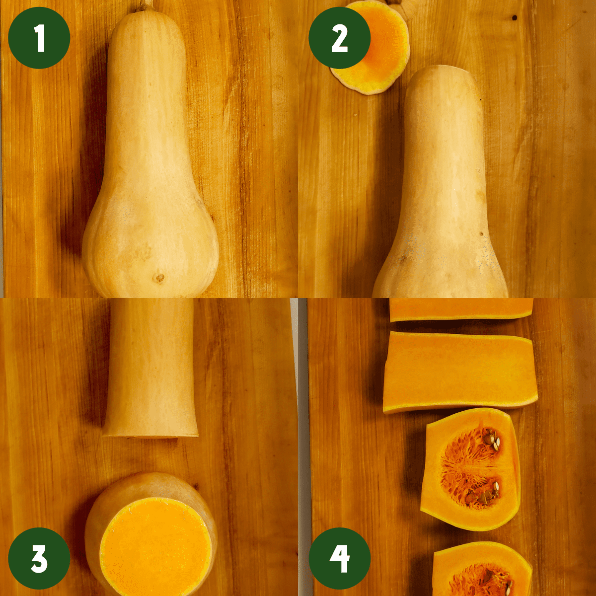 Photo collage 2 by 2 of how to cut a butternut squash. Step 1) Butternut squash whole on a wooden cutting board. Step 2) The top is slice offed the butternut squash on a wooden cutting board. Step 3) The bottom and the top of the butternut squash are separate, on a wooden cutting board. Step 4) 4 Pieces of butternut squash, cut in half showing the inside on a wooden cutting board.