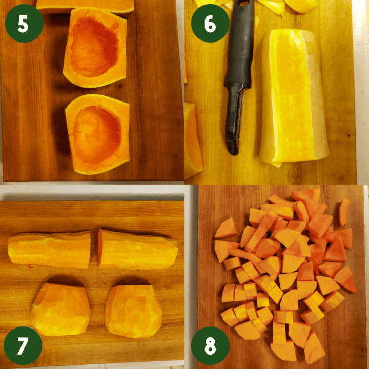 Photo collage 2 x 2 for how to make the recipe. Step 5) Two bulbs of the butternut squash without seeds. Step 6) A vegetable peeler next to a half peeled butternut squash pieces. Step 7) 4 pieces of peeled butternut squash on a wooden cutting board. Step 8) Cubed up butternut squash on a wooden cutting board.