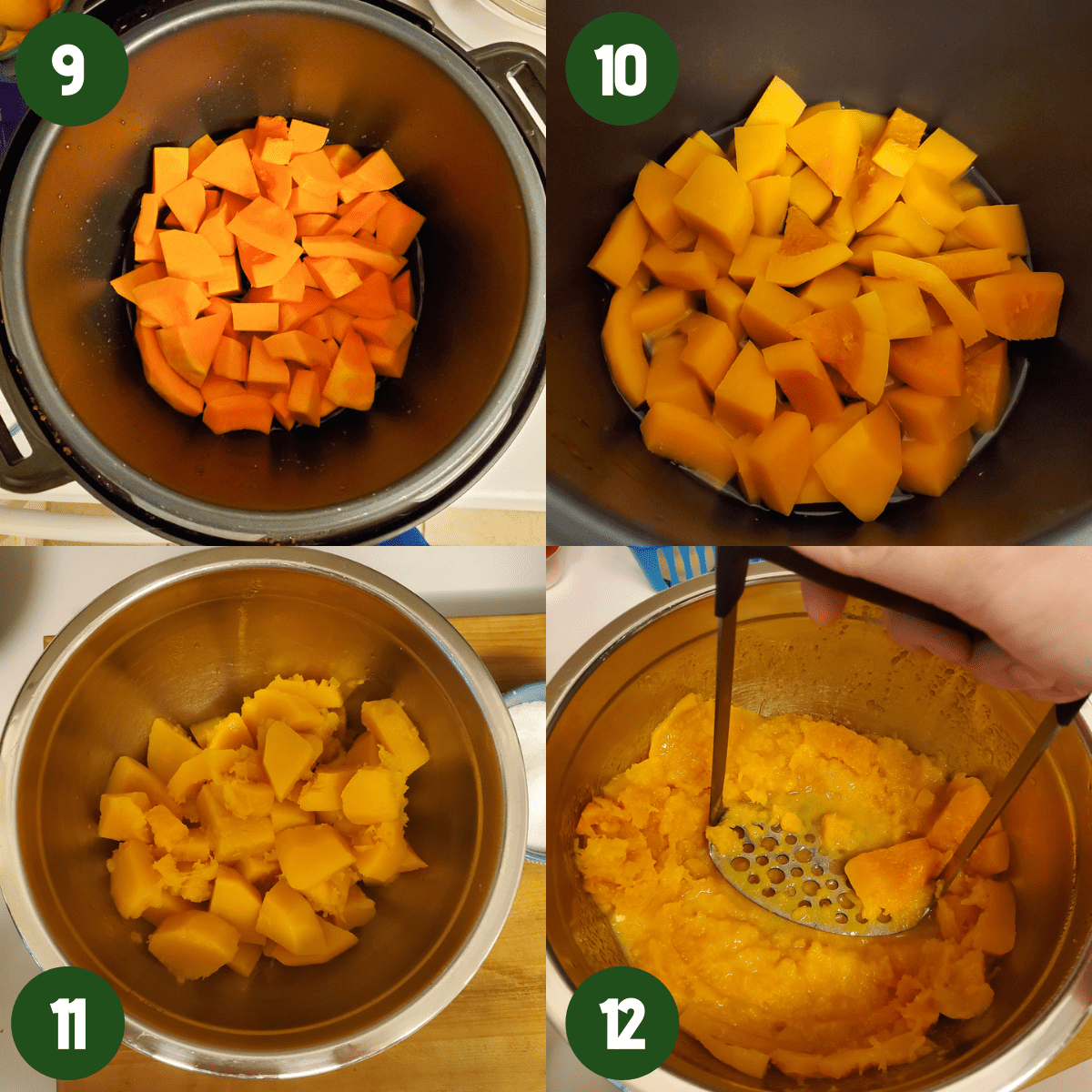 Photo collage 2 by 2. Step 9) Cut up butternut squash in pressure cooker. Step 10) Cooked butternut squash in pressure cooker. Step 11) Cooked butternut squash in a metal mixing bowl. Step 12) Cooked butternut squash is being mashed by a potato mashed in metal mixing bowl.