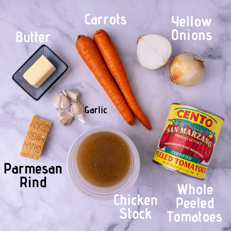A white background with ingredients laid out and labeled, butter, carrots, yellow onions, garlic, parmesan rind, chicken stock, and canned whole peeled tomatoes.