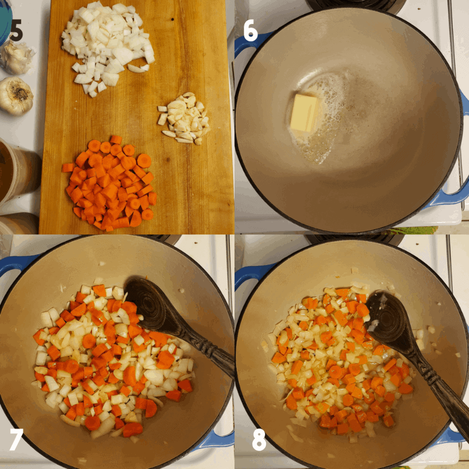 Collage of 4 images showing the process steps. 1 how to dice carrots, onions and garlic. 2 Butter foaming in a dutch oven. 3 is all chopped vegetables into dutch oven. 4 is softened vegetables in dutch oven.