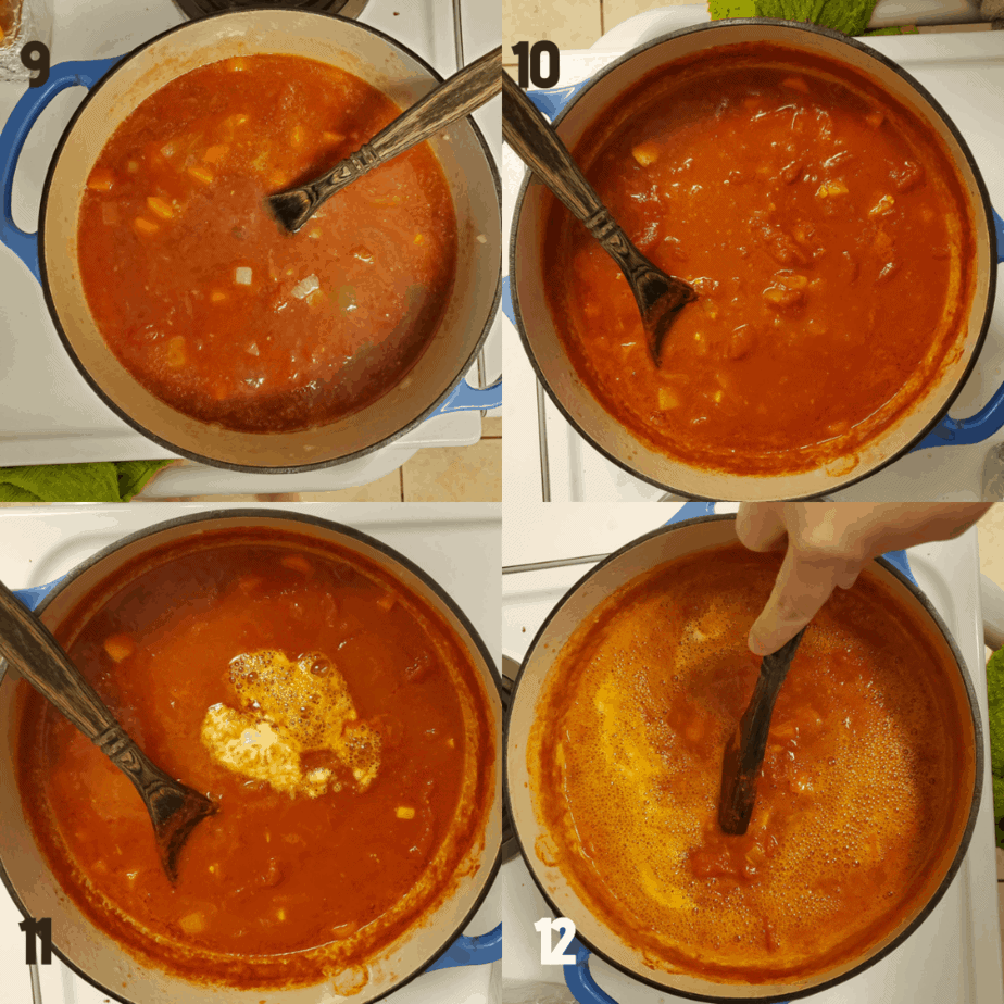 Collage of 4 images showing the process steps. 1 shows whole tomatoes and juices and chicken broth being added to dutch oven to vegetables. 2 shows how the soup reduces after 90 minutes in the dutch oven. 3 shows the foaming of the soup when baking soda is added. 4 is stiring in the baking soda in the broth in a dutch oven.