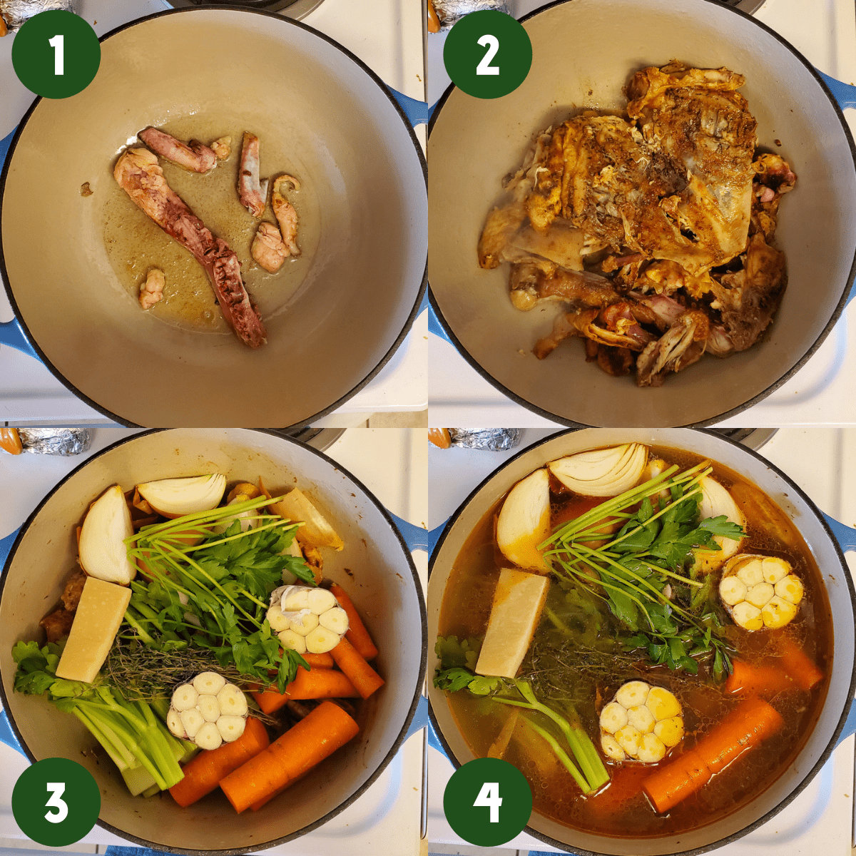 2 by 2 photo collage showing how to start chicken stock. Step 1) In a dutch oven raw chicken backbone being seared. Step 2) The rest of the chicken carcass in a dutch oven. Step 3) Aromatics including carrots, garlic, herbs, parm rind, celery in dutch oven. Step 4) Water added to chicken stock in dutch oven.