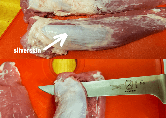 Collage of 2 images. The first image is a close up of the silverskin on pork tenderloin and the second image is a boning knife demonstrating how to cut out the silverskin.