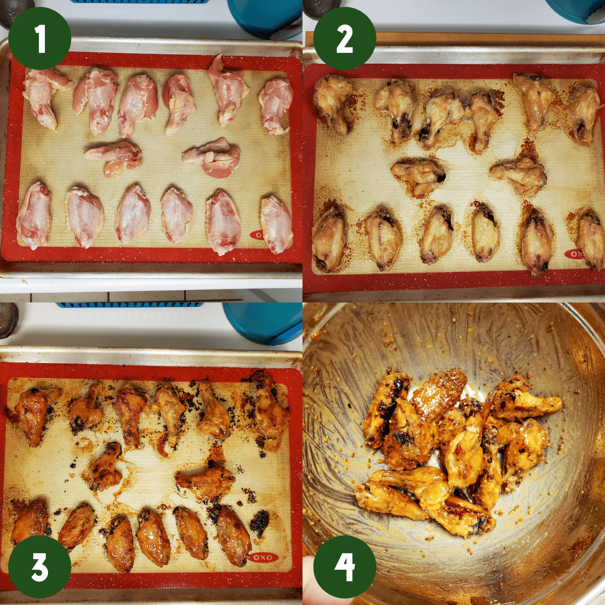 Photo collage of 2 by 2 photos showing steps of the recipe. Step 1) Raw chicken wings on a silicone mat in a single layer. Step 2) Cooked chicken wings on a silicone mat in a single layer. Step 3) Caramelized chicken wings in a single layer on a silicone mat. Step 4) Cooked wings tossed in a metal mixing bowl with mustard sauces.