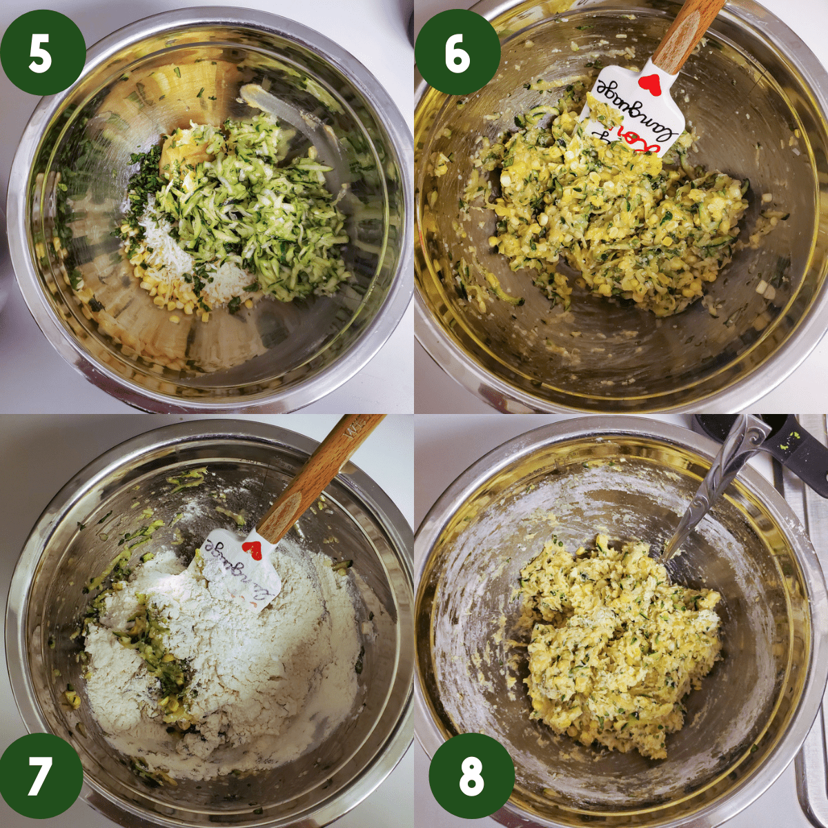 Photo collage of 2 by 2 photos. Step 5) Shredded zucchini, corn, miso, egg, basil and cheese in a metal mixing bowl. Step 6) All previous mentioned ingredients mixed together in metal mixing bowl. Step 7) Baking powder and flour sprinkled over mixed ingredients in metal mixing bowl. Step 8) All ingredients mixed together in metal mixing bowl.