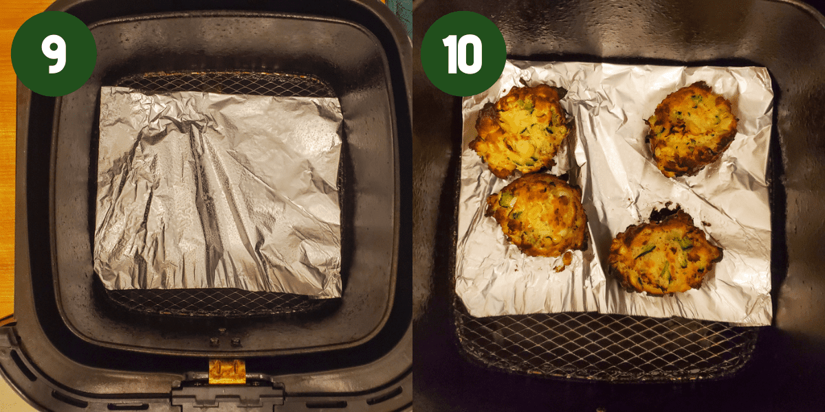 Photo collage of 2 photos. 1) Tin foil folded to fit in an air fryer basket. 2) Golden brown zucchini fritters in the air fryer basket.