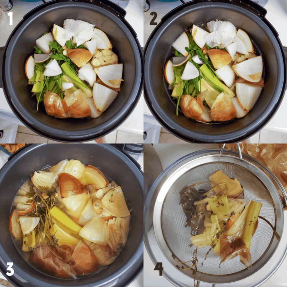 2x2 photo collage. 1) All aromatics in a pressure cooker, 2) water poured over aromatics 3) Cooked aromatics in pressure cooker 4) Solids being strained out of broth with a mesh strainer.