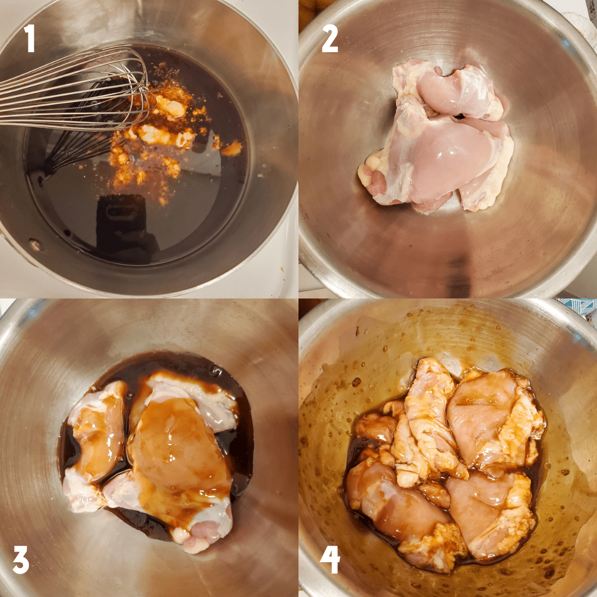 Process photos in a 2x2 collage; 1) Teriyaki sauce ingredients poured into a medium sauce pan and being whisked together. 2) Raw chicken thighs in a mixing bowl 3) Teriyaki sauce poured over chicken thighs in a mixing bowl. 4) Chicken thighs tossed in teriyaki sauce in a mixing bowl. 