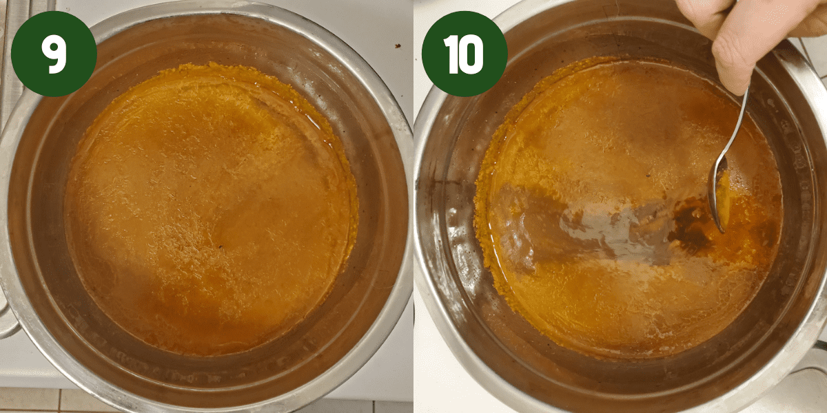 1 by 2 photo collage showing the final stages of the recipe. Step 9) After the chicken stock has been chilled it has a layer of fat on the top, in a metal bowl. Step 10) In a metal mixing bowl, a hand with a spoon is scraping off the fat of the finished and chilled chicken stock. 