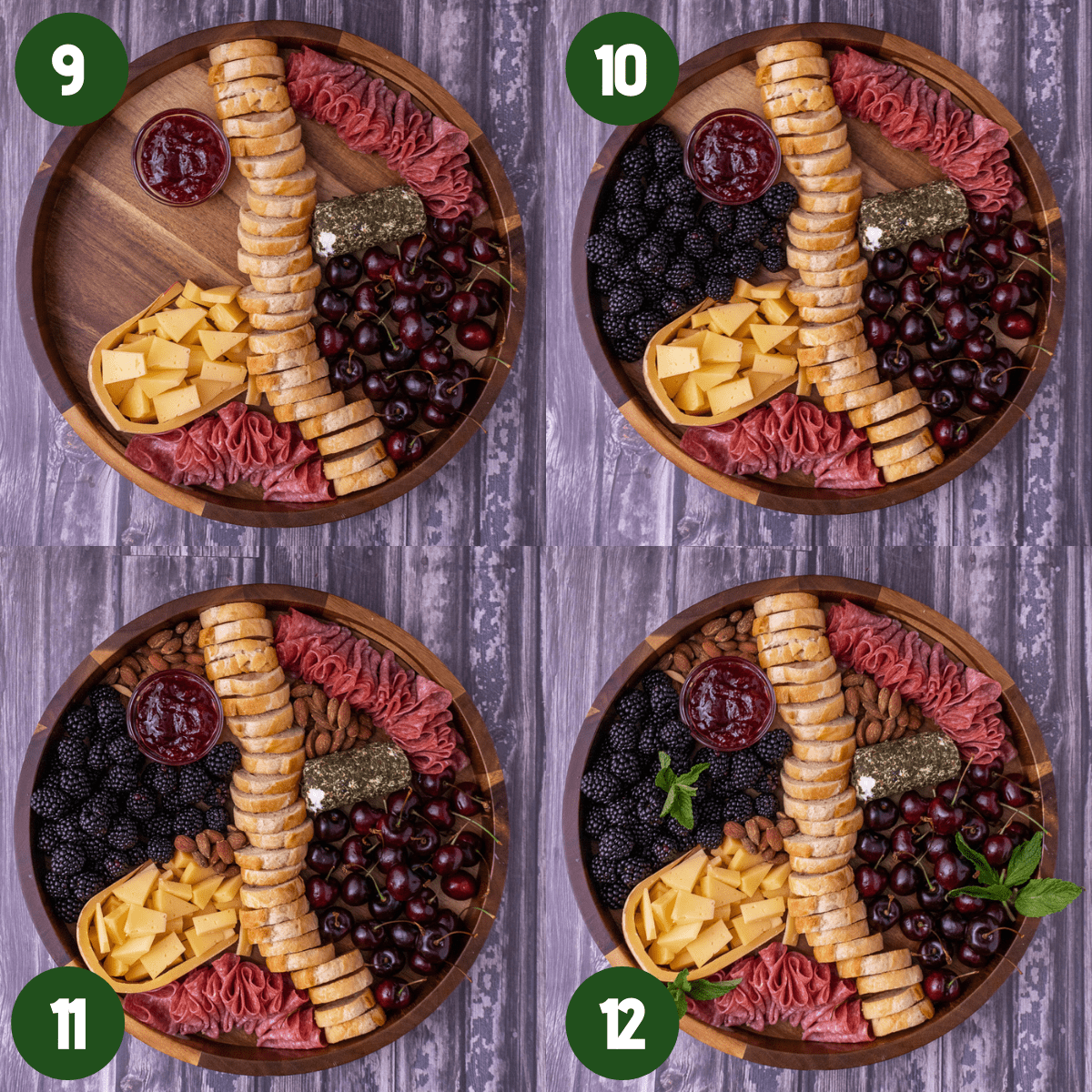 Process photos showing how to build a cheese plate Step 9) add in cherries to the bottom right. Step 10) Add in the blackberries to the top left Step 11) add in almond to fill holes. Step 12) Garnish with fresh mint
