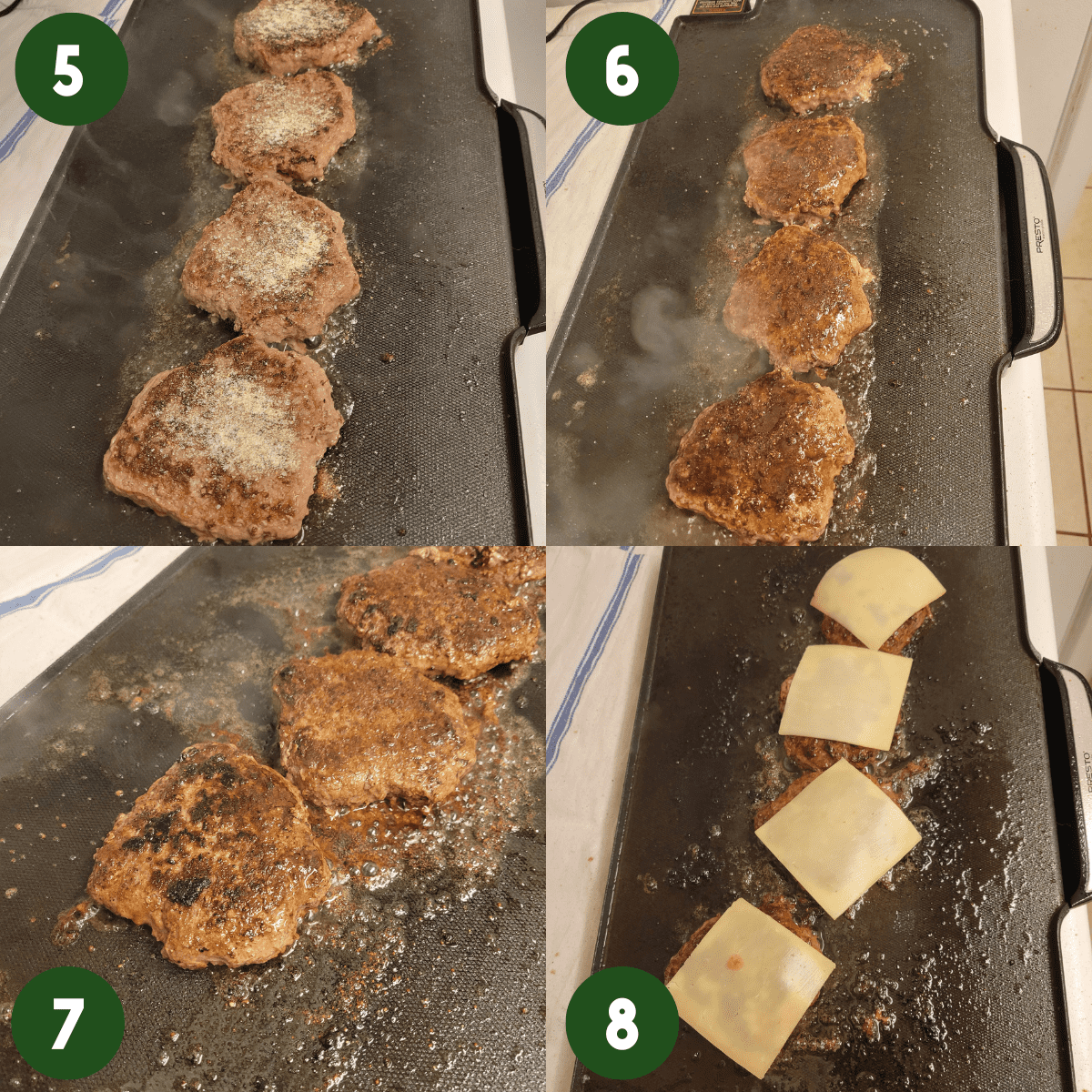 2 by 2 photo collage showing steps 5 through 8. Photo 5) Seasoned burgers on the griddle. Photo 6) Browned burgers on the electric griddle. Photo 7) Close up of browned burgers being almost done on the electric griddle. Photo 8) Cheese being melted on cooked burgers on electric griddle.