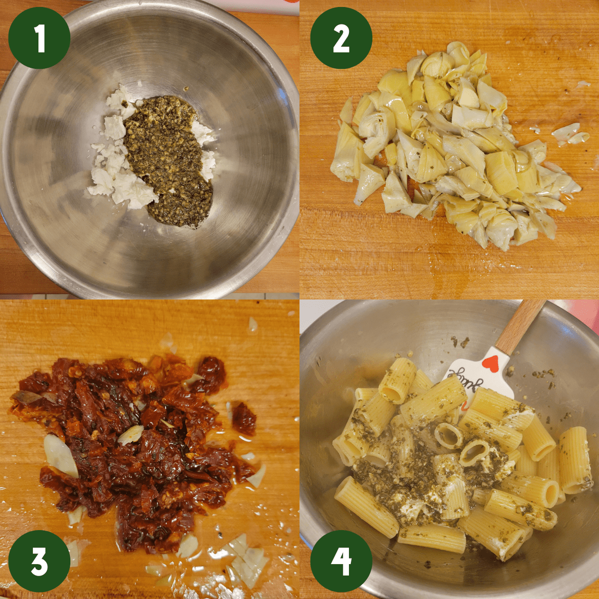 2 by 2 photos showing the process. Photo 1) Pesto and goat cheese in a large metal mixing bowl. Photo 2) Chopped up artichoke hearts on a wooden cutting board. Photo 3) Chopped up sundried tomatoes on wood cutting board. Photo 4) Hot pasta in metal mixing bowl with pesto and goat cheese, being stirred with a spatula