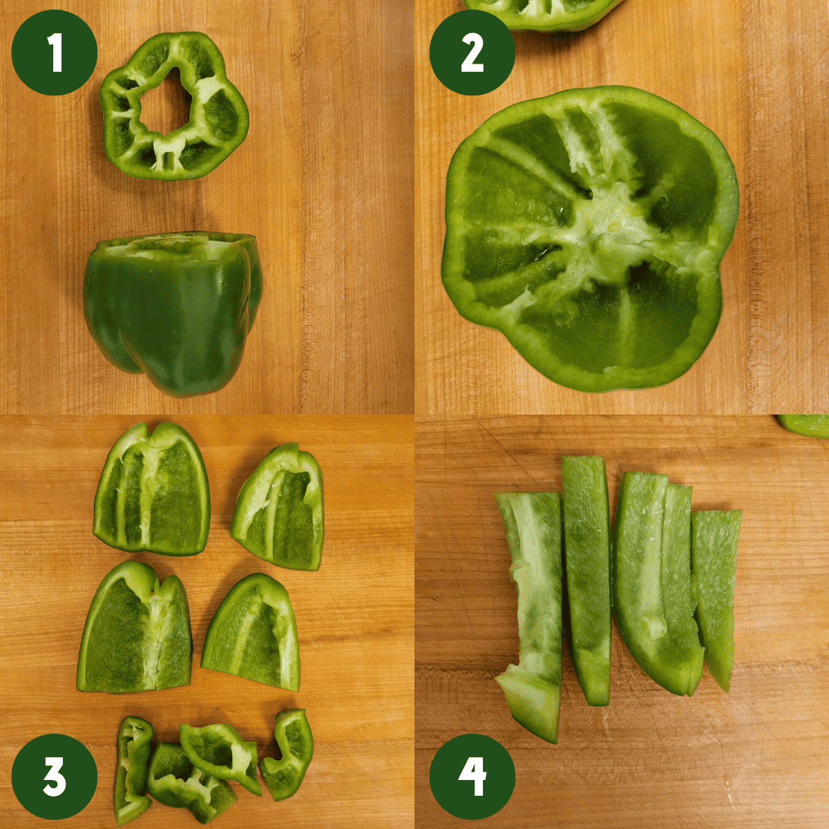 Step 1) The top cut off a green bell pepper. Step 2) A close up of the green pepper without seeds. Step 3) The top of the green pepper is sliced in 4 pieces and the bell pepper bottom is sliced into quarters. Step 4) Green bell pepper cut into slices on a wooden cutting board.